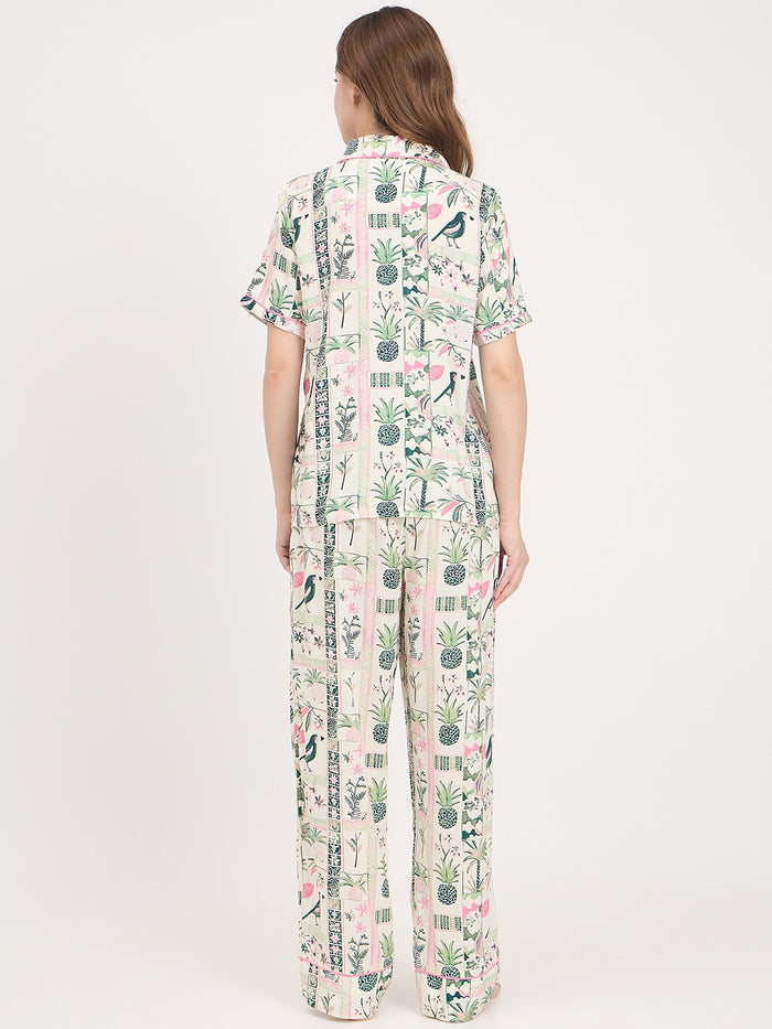 mSECRET Green Printed Rayon Spread Collar Short Sleeve Night Suit
