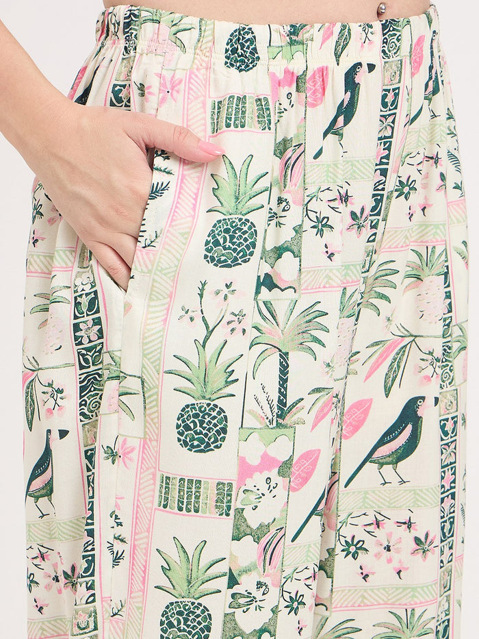 mSECRET Green Printed Rayon Spread Collar Short Sleeve Night Suit