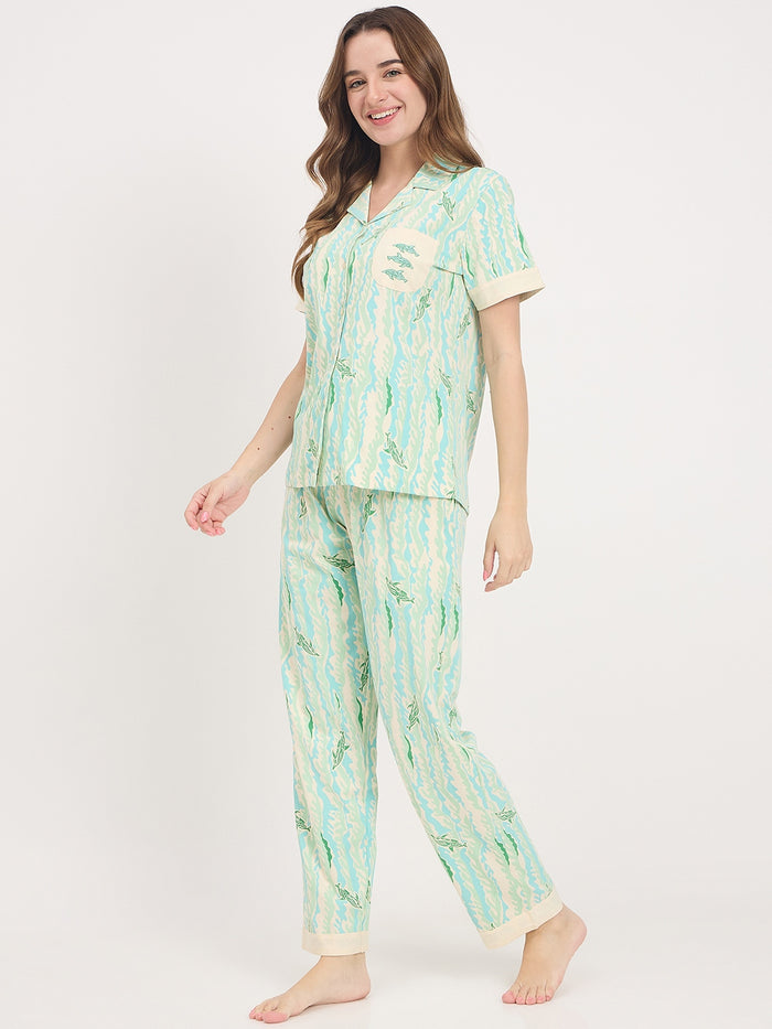 mSECRET Mint Printed Cotton Half Sleeve Night Suit