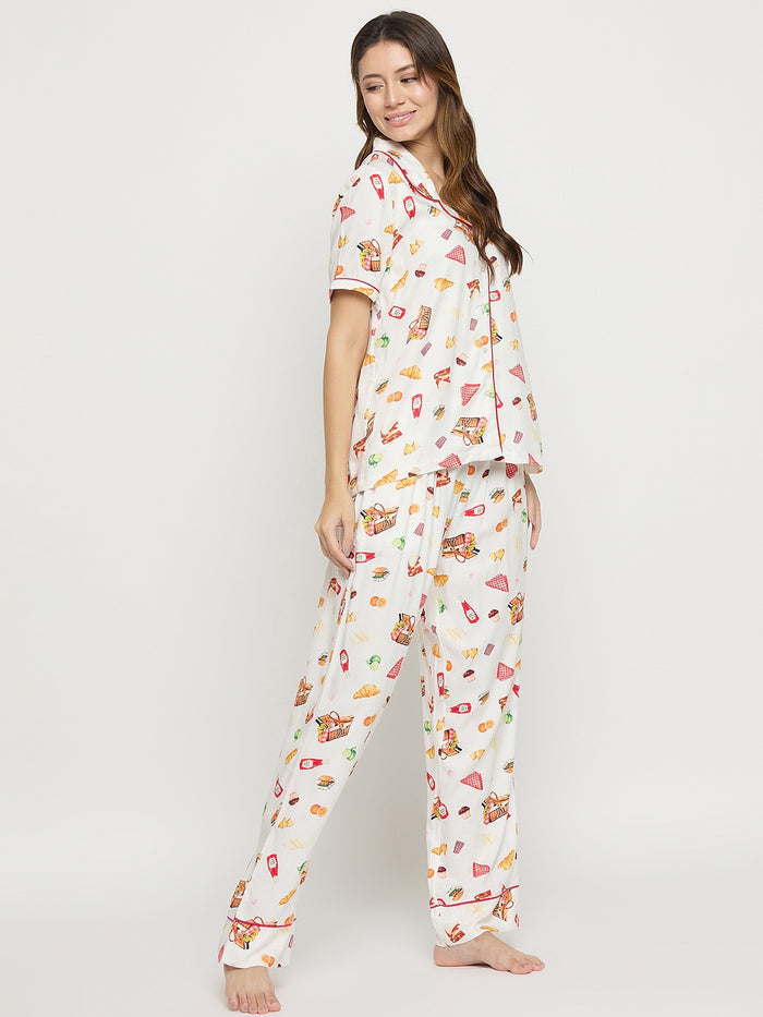 mSECRET Off White Printed Rayon Spread Collar Short Sleeve Night Suit
