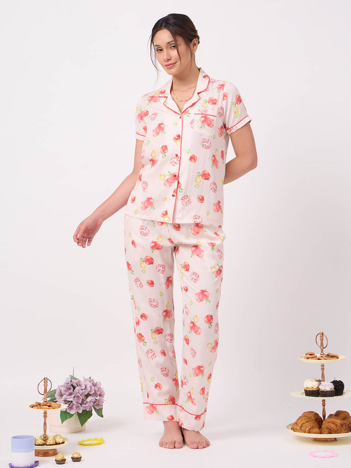 mSECRET Orange Printed Rayon Spread Collar Short Sleeve Night Suit
