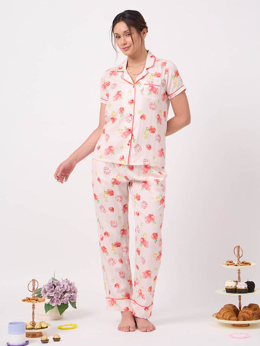 mSECRET Orange Printed Rayon Spread Collar Short Sleeve Night Suit