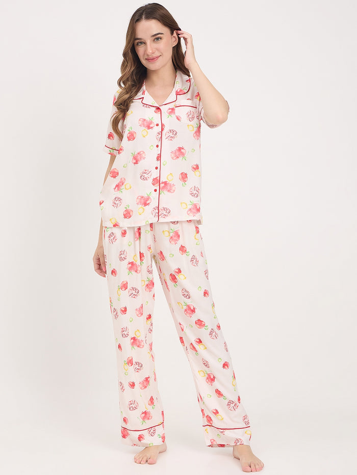 mSECRET Orange Printed Rayon Spread Collar Short Sleeve Night Suit