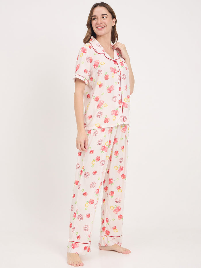 mSECRET Orange Printed Rayon Spread Collar Short Sleeve Night Suit