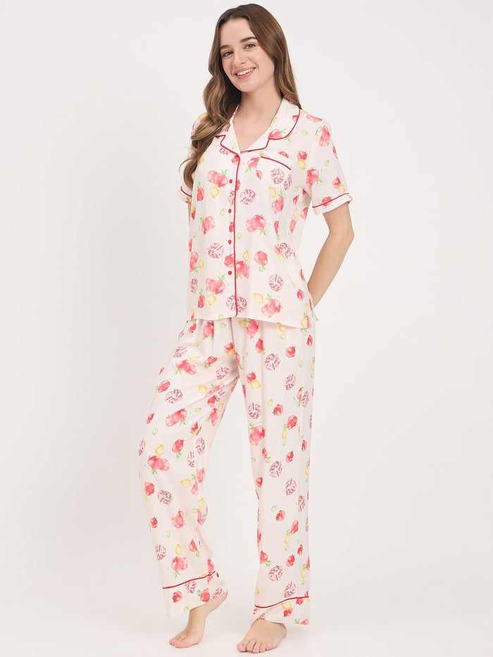 mSECRET Orange Printed Rayon Spread Collar Short Sleeve Night Suit
