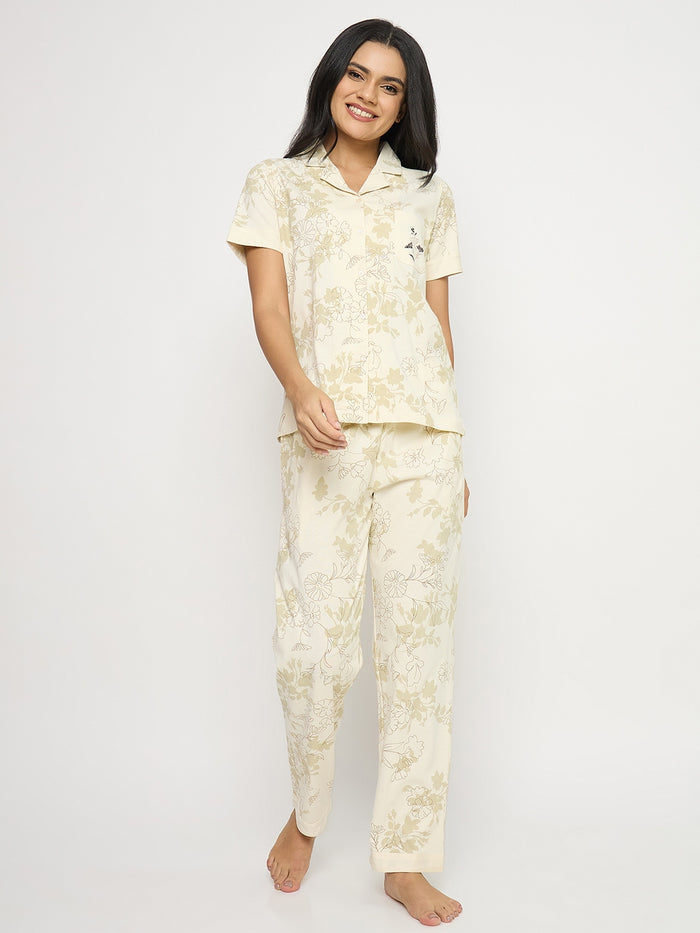 mSECRET Printed Beige Floral Cotton Night Suit