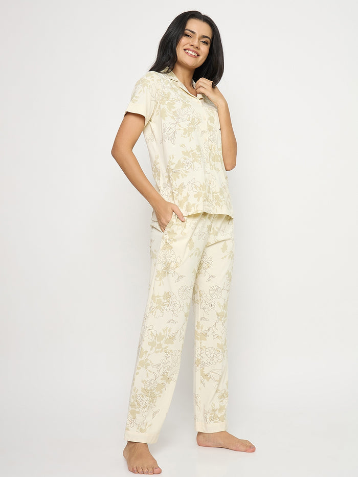 mSECRET Printed Beige Floral Cotton Night Suit