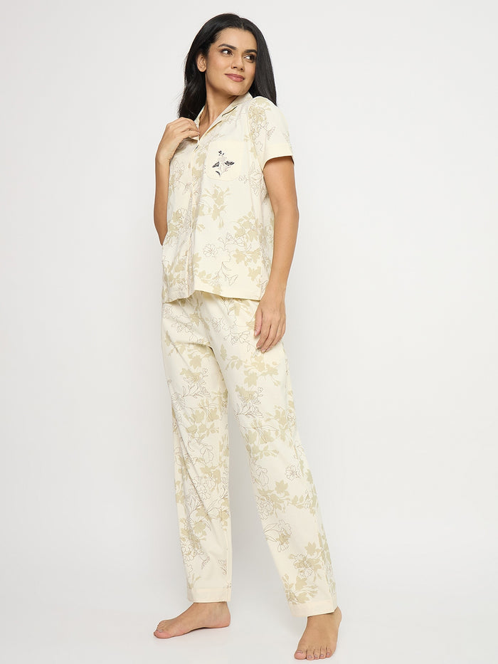 mSECRET Printed Beige Floral Cotton Night Suit