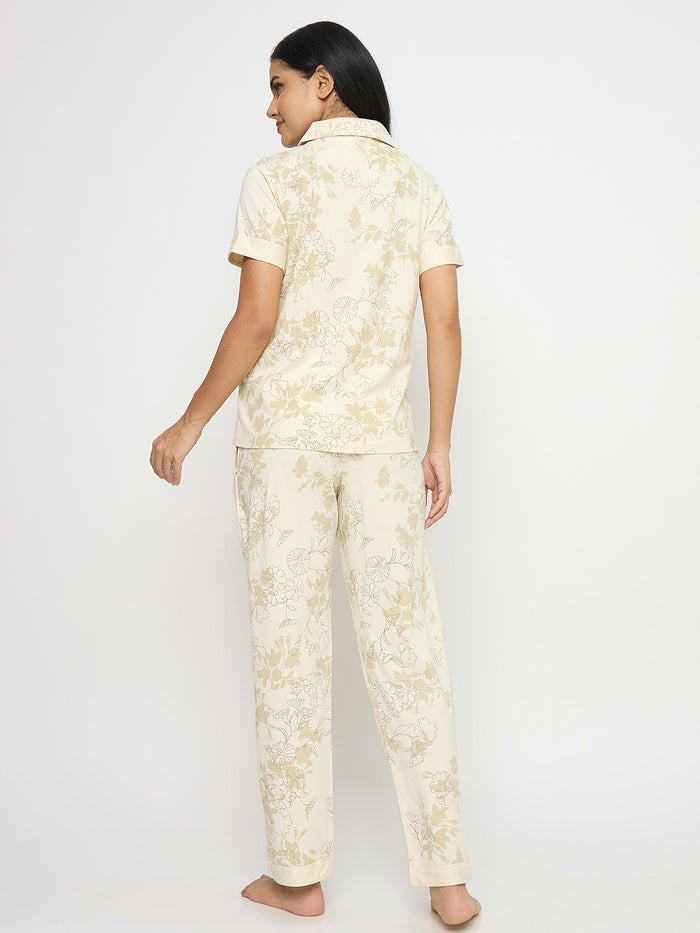 mSECRET Printed Beige Floral Cotton Night Suit