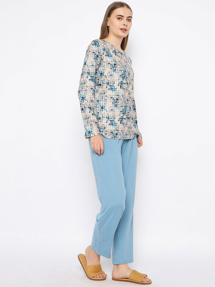 mSECRET Printed Top and Bottoms Teal Nightsuit