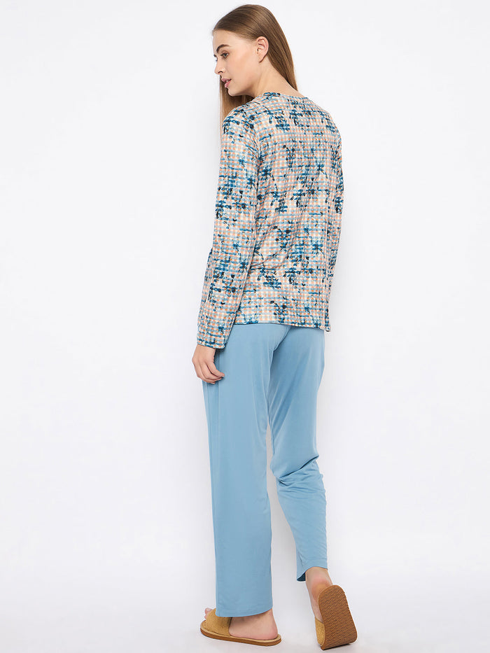 mSECRET Printed Top and Bottoms Teal Nightsuit