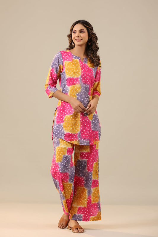 Multicoloured Bandhej on Cotton Palazzo Loungewear Set