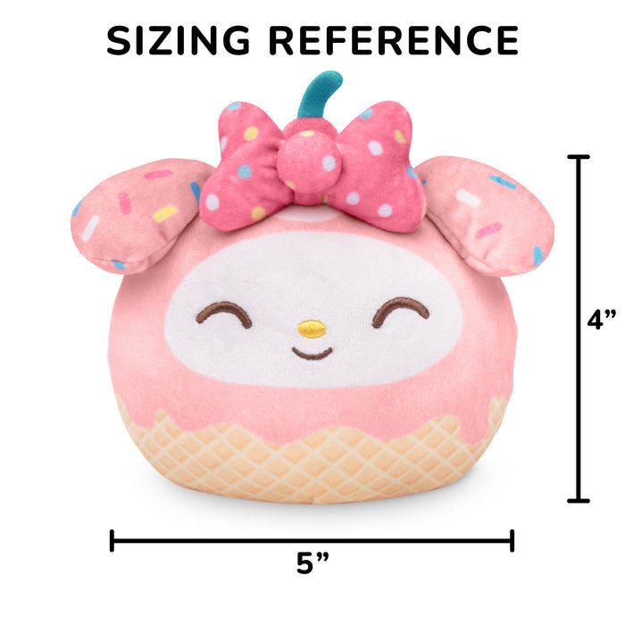 My Melody Ice Cream Cone 4” Reversible Plushie with a sizing reference of 4 inches
