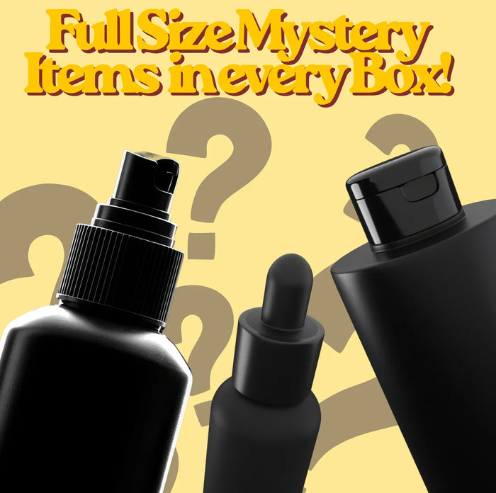 Black bottles with a yellow background and text about mystery items.