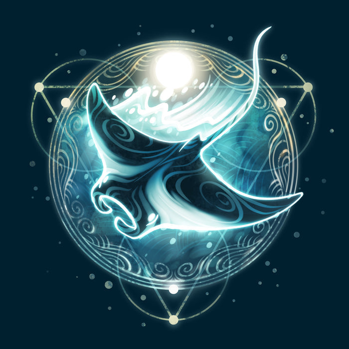 Premium Cotton T-shirt_TeeTurtle Mystical Manta Ray navy blue t-shirt featuring a glowing manta ray with swirling patterns.