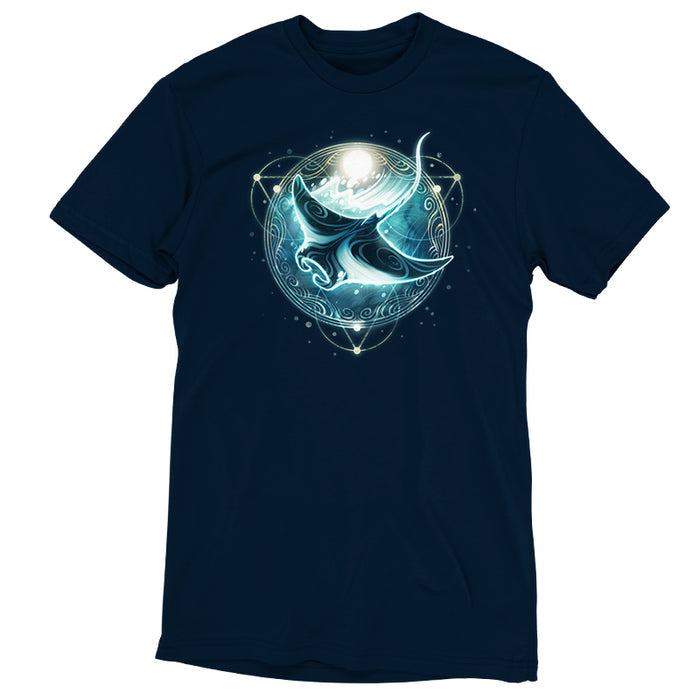 Premium Cotton T-shirt_TeeTurtle Mystical Manta Ray navy blue t-shirt featuring a glowing manta ray with swirling patterns.
