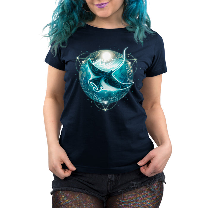 Premium Cotton T-shirt_TeeTurtle Mystical Manta Ray navy blue t-shirt featuring a glowing manta ray with swirling patterns.