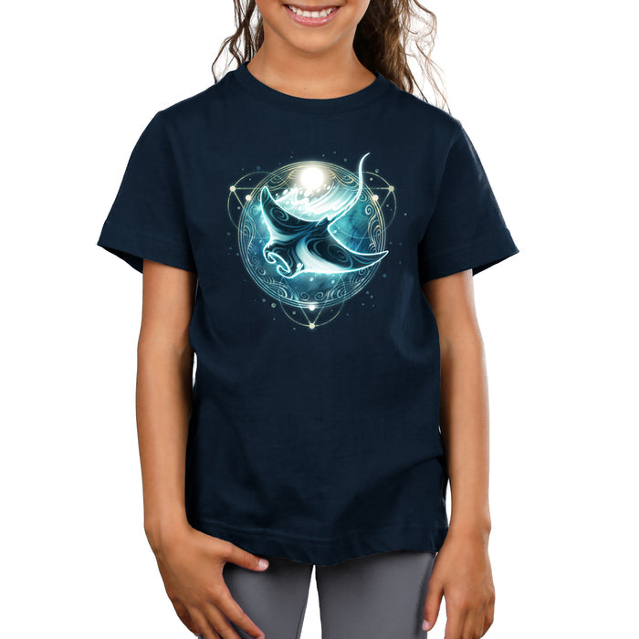 Premium Cotton T-shirt_TeeTurtle Mystical Manta Ray navy blue t-shirt featuring a glowing manta ray with swirling patterns.