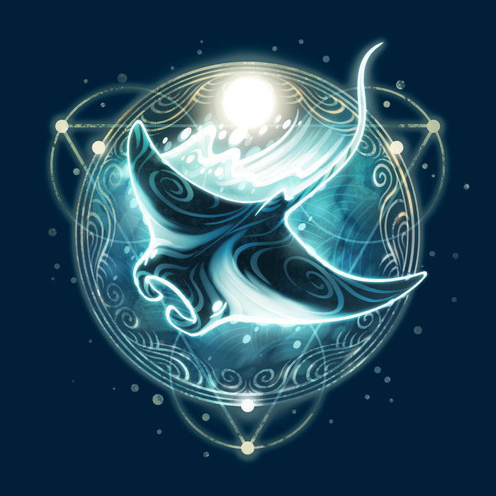 Classic Cotton T-shirt_TeeTurtle Mystical Manta Ray navy blue t-shirt featuring a glowing manta ray with swirling patterns.