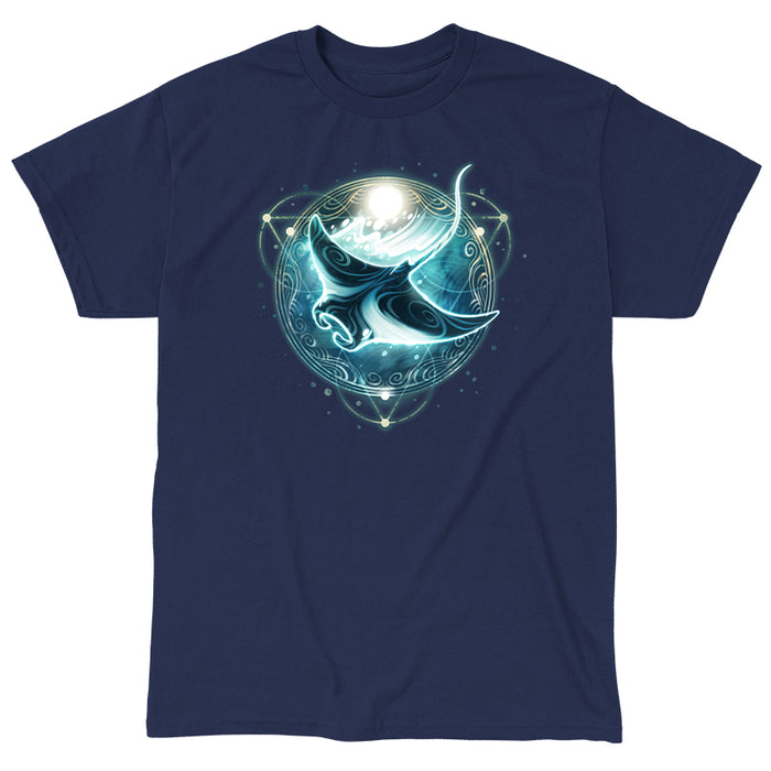 Classic Cotton T-shirt_TeeTurtle Mystical Manta Ray navy blue t-shirt featuring a glowing manta ray with swirling patterns.