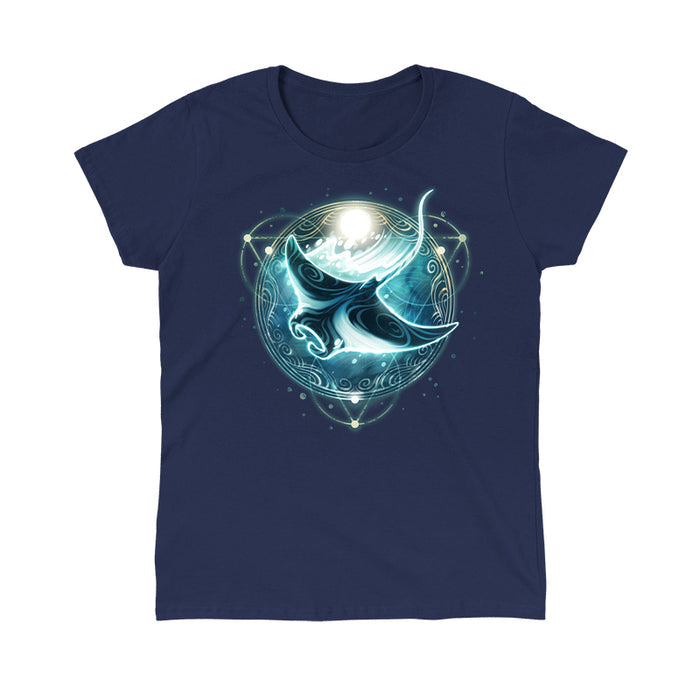 Classic Cotton T-shirt_TeeTurtle Mystical Manta Ray navy blue t-shirt featuring a glowing manta ray with swirling patterns.