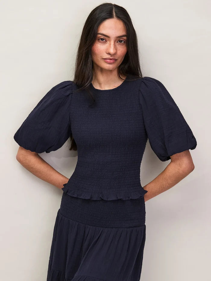 Navy Cheesecloth Shirred Top