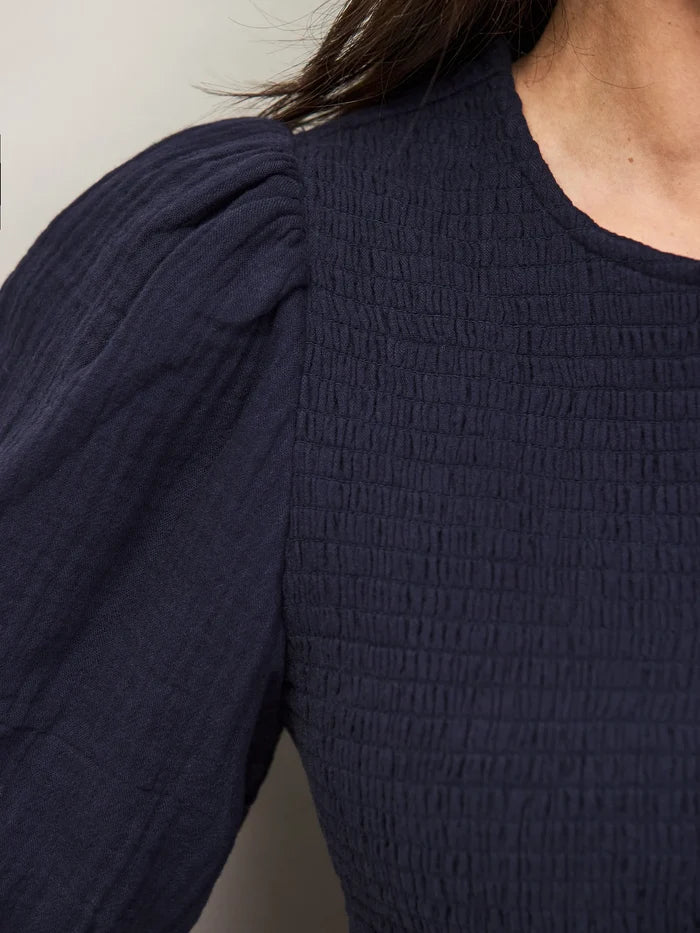 Navy Cheesecloth Shirred Top