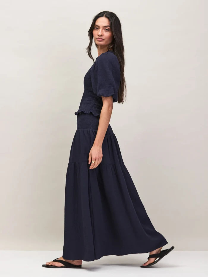 Navy Cheesecloth Shirred Top