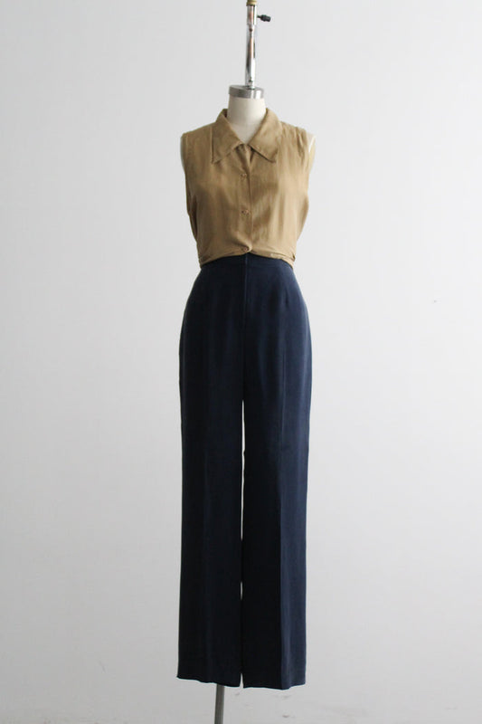 navy silk trousers