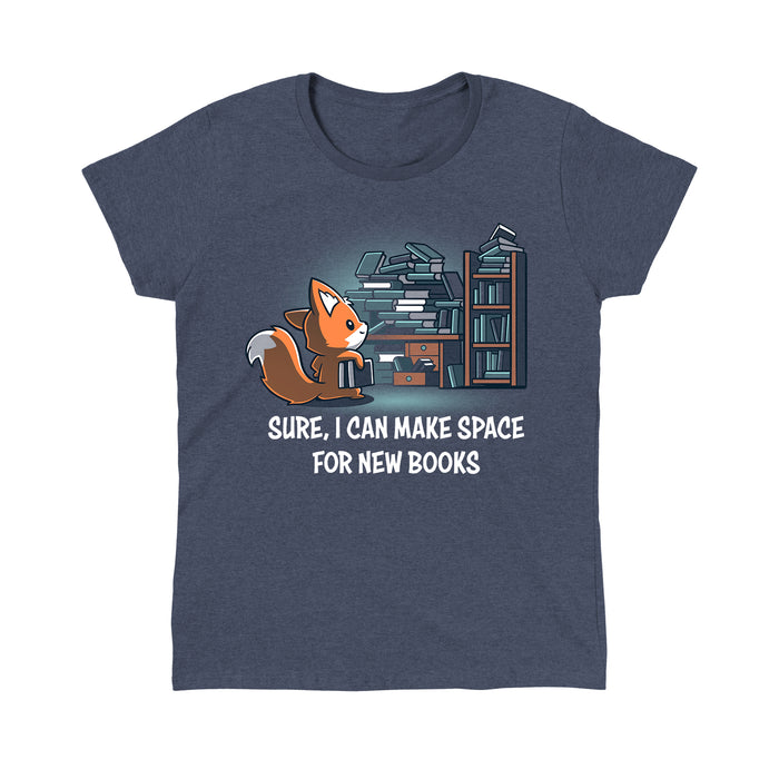 Classic Cotton T-shirt_TeeTurtle heather navy Never-Ending Bookshelf apparel featuring a fox holding a book standing in front of an overflowing book and desk with the caption, “Sure, I can Make Space for New Books“.