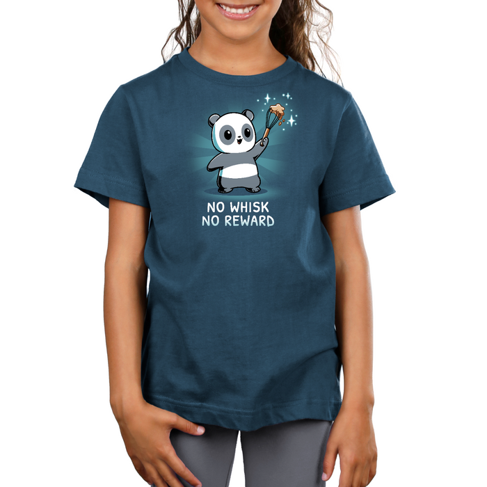 Premium Cotton T-shirt_TeeTurtle denim blue No Whisk, No Reward apparel featuring a panda holding a whisk with batter on it, and the caption, “No Whisk, No Reward“.