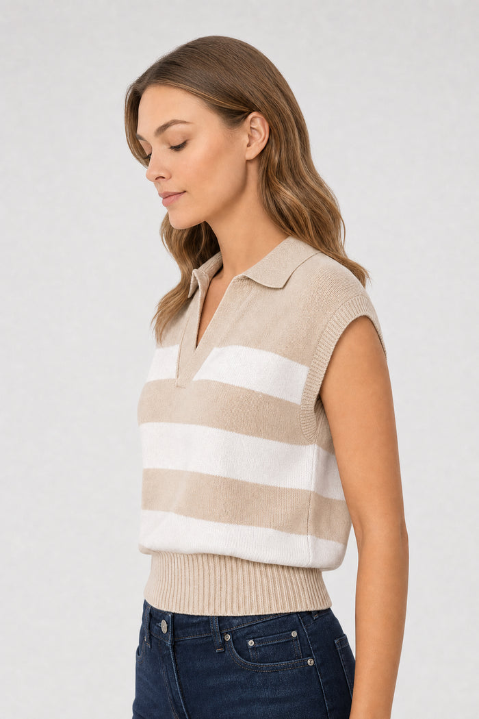 NYDJ X Elan Sleeveless Striped Top - Beige Stripe