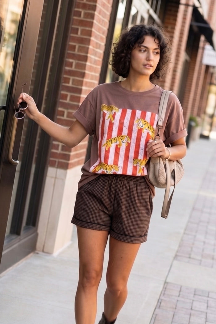 brown checkered high waisted shorts, casual summer outfit styled with graphic tee, lightweight comfy boutique shorts for everyday wear country concert outfit