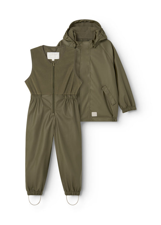 Raincoat set for kids: hooded jacket with zipper and matching rain pants with elastic.