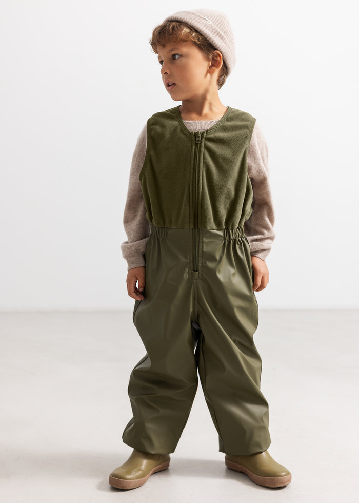 Green rain suit set with front zipper and elastic at leg openings; light gathered waist.