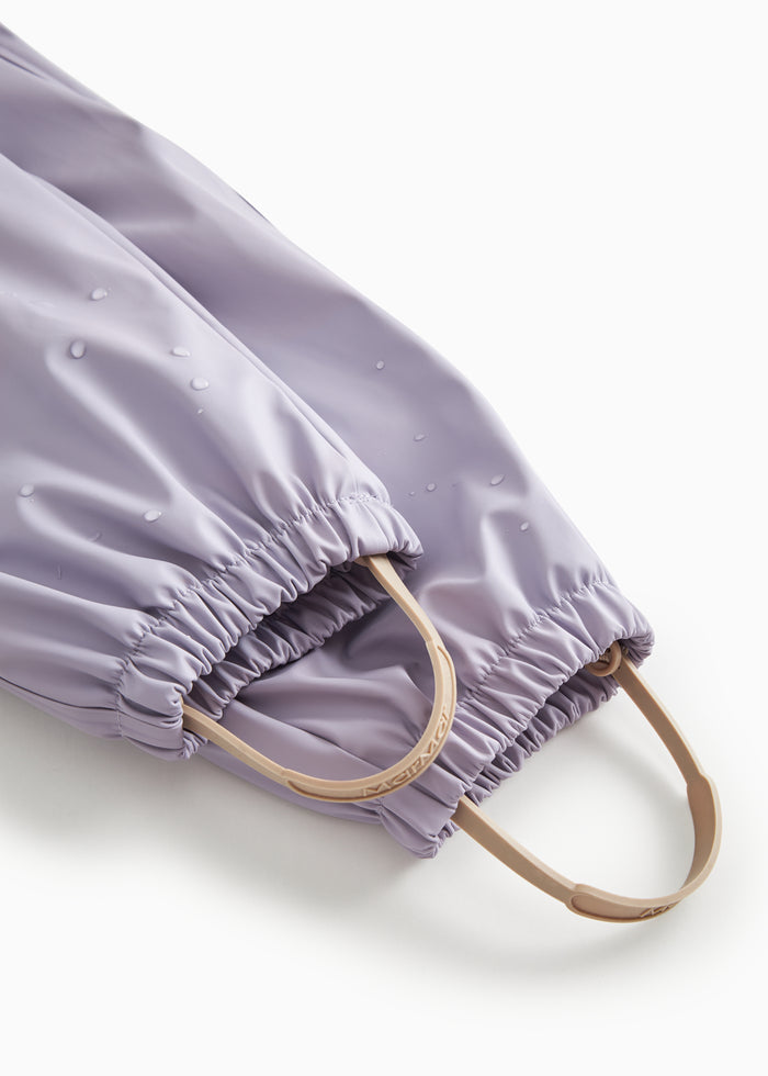 Lavender rain set: elastic edge and drawstring at opening.