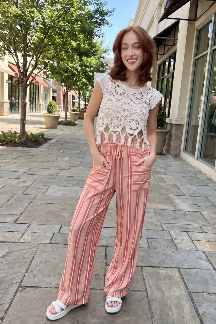 coral striped wide leg pants, lightweight summer pants with elastic waist, casual boho boutique style for everyday wear