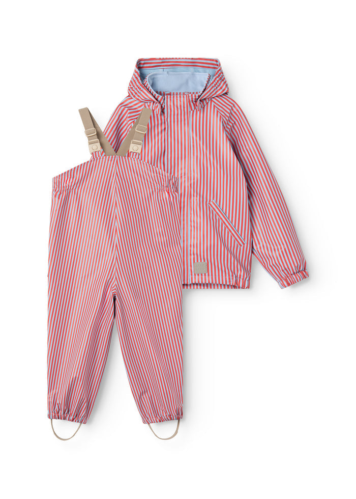 Kids rain set: rain jacket with hood and leggings, red and blue stripes