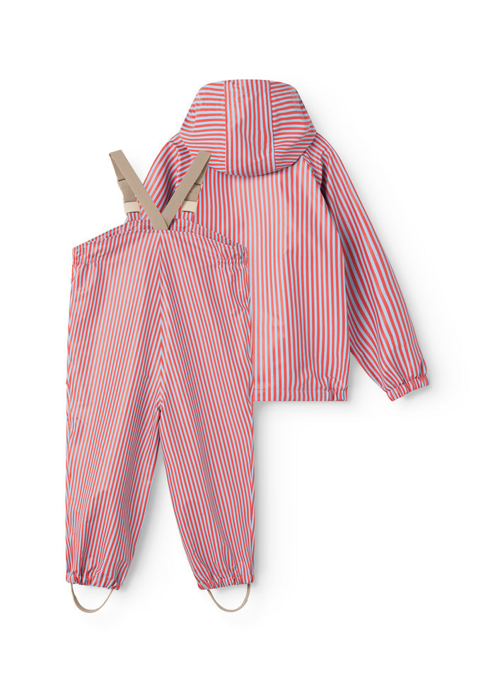 Kids rain jacket with hood and pants in red and blue stripes