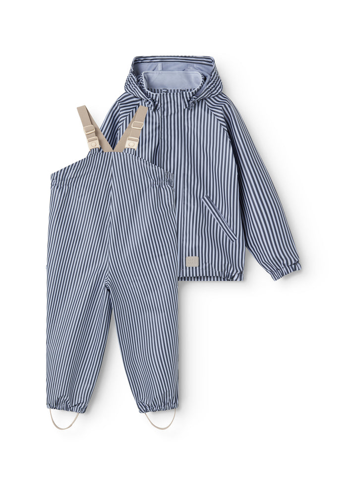 Rain set with blue striped jacket with hood and rain pants with elastic at the cuffs.