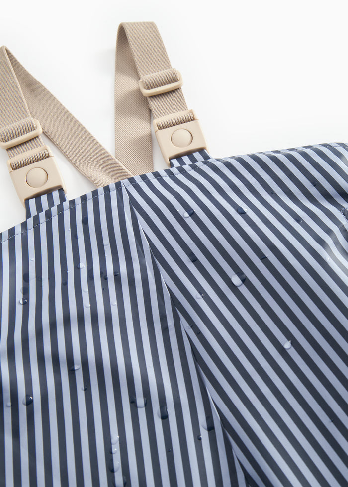 Blue striped rain jacket with adjustable straps and a hood.