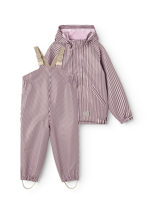 Kids rain suit with pink and brown stripes: rain jacket and rain pants
