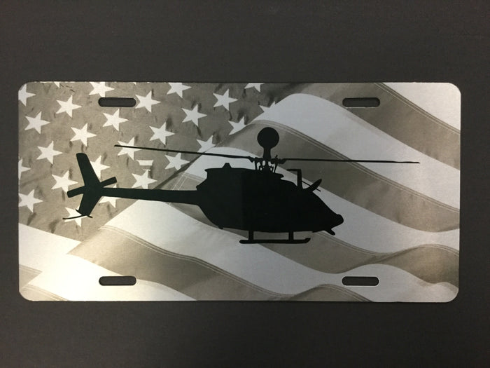 OH-58 Kiowa Warrior License Plate with Flag b/w