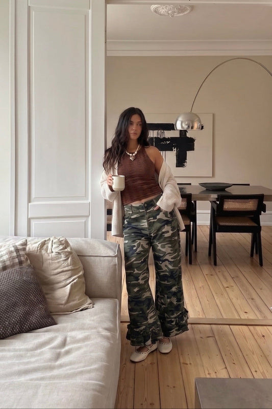 Camo pattern wide leg pants with ruffle hem with just a little flare