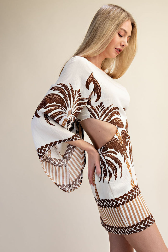 Open Back Long Sleeve Palm Tree Print Mini Dress - Brown
