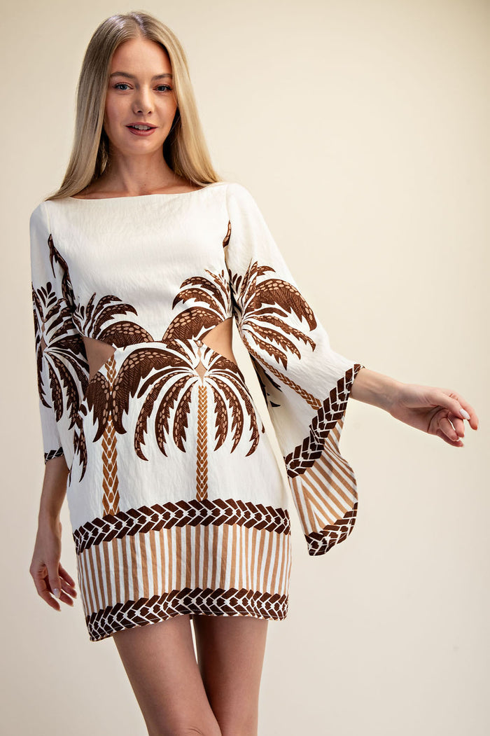 Open Back Long Sleeve Palm Tree Print Mini Dress - Brown