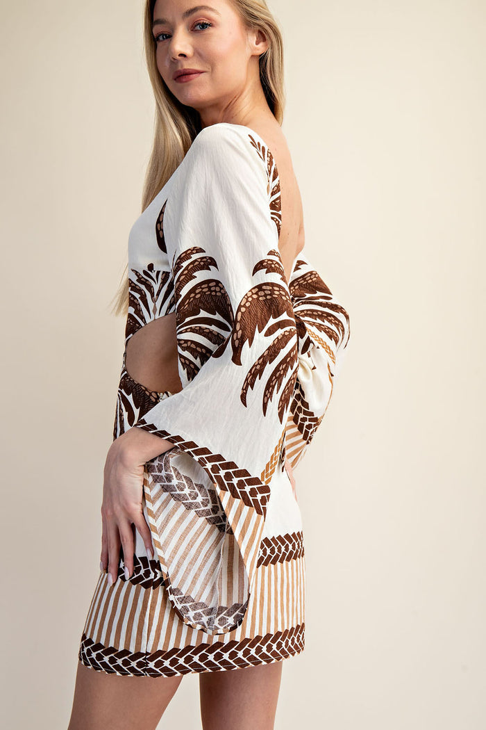 Open Back Long Sleeve Palm Tree Print Mini Dress - Brown