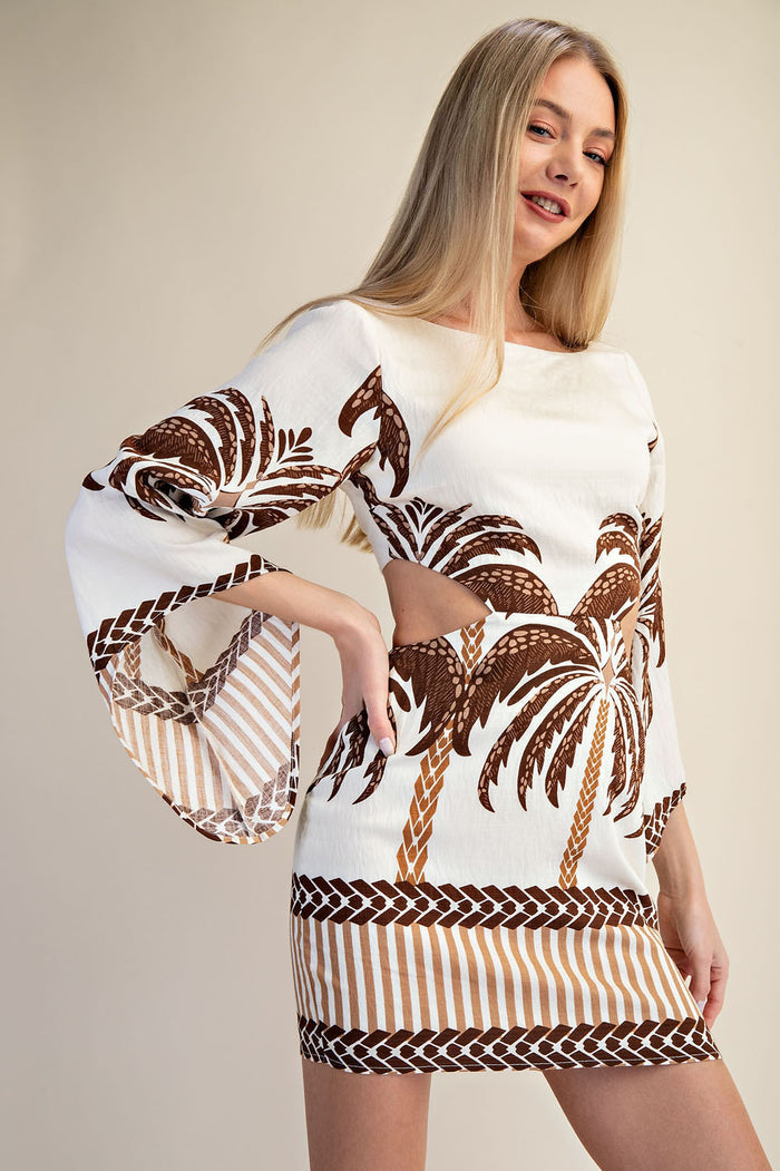 Open Back Long Sleeve Palm Tree Print Mini Dress - Brown
