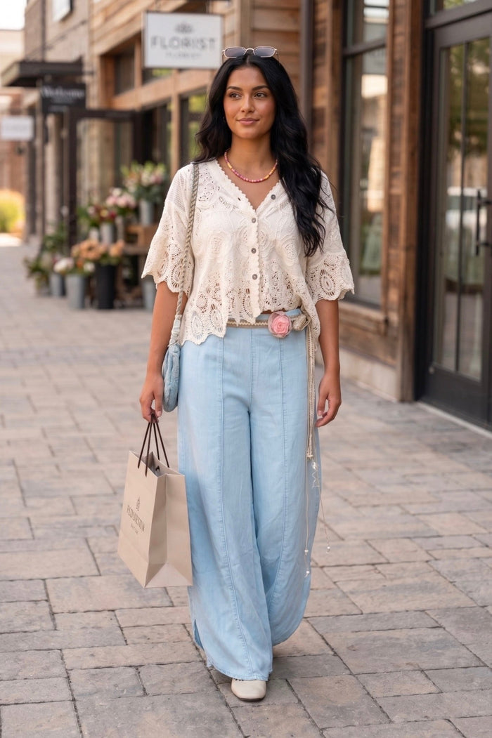 Women's light wash chambray wide leg pants featuring a relaxed fit, lightweight fabric, elastic waistband, and flowy silhouette for vacations, beach outfits, casual wear, and everyday boho style.