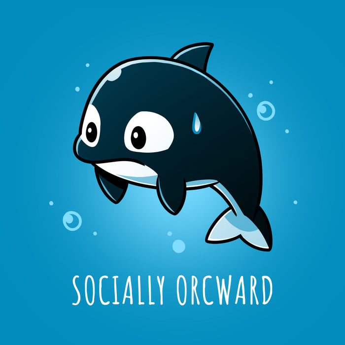Premium Cotton T-shirt_TeeTurtle cobalt blue Orcward apparel featuring an orca with a nervous expression, a sweat drop on its head, and the text "SOCIALLY ORCWARD" below it.